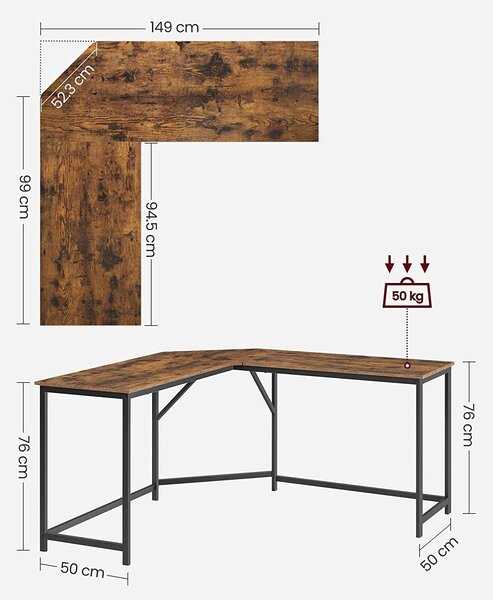 Kotna miza, računalniška miza v obliki črke L, pisarniška miza 149 x 149 x 75 cm | VASAGLE