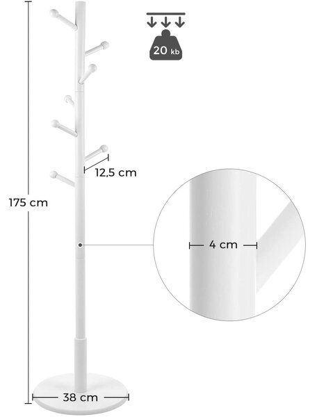 Stoječi obešalnik, obešalnik za plašče s 7 zaobljenimi kavlji, bele barve, 38 x 175 cm (premer x višina) | VASAGLE