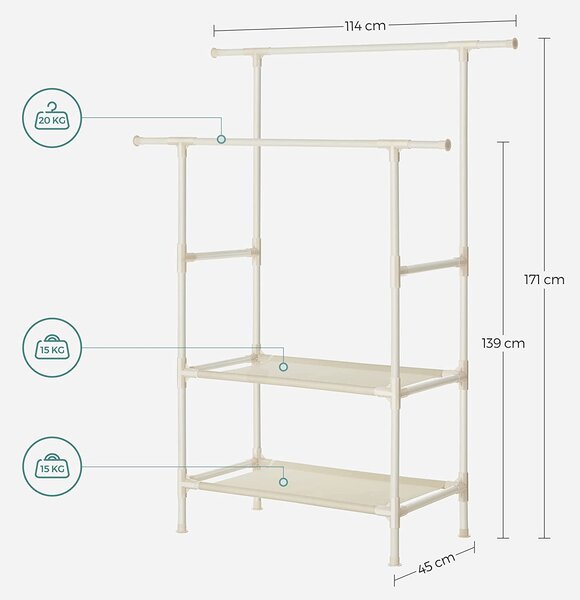 Stojalo za oblačila z 2 policama za shranjevanje, 114 x 171 x 45 cm, belo | SONGMICS