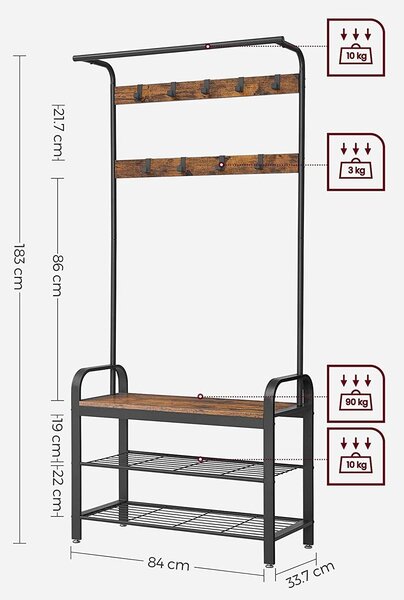 Obešalo za plašče, stena za hodnik s polico za čevlje, 84 x 183 x 33,7 cm, rustikalno rjava | VASAGLE