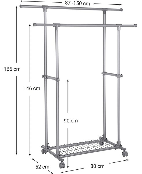 Stojalo za oblačila, Dvojno obešalo za oblačila se lahko podaljša od 87 do 150 cm | SONGMICS