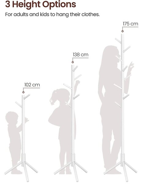 Stoječi obešalnik, stojalo za plašč iz masivnega lesa s 3 možnostmi višine, bela | VASAGLE