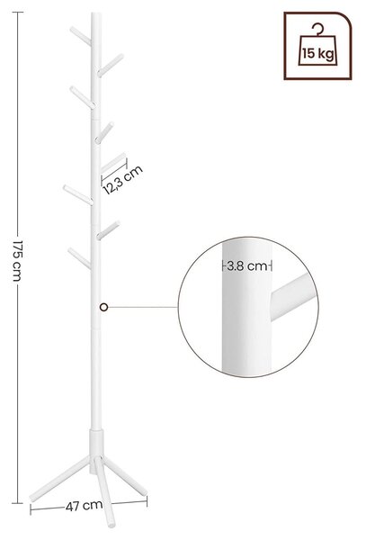 Stoječi obešalnik, stojalo za plašč iz masivnega lesa s 3 možnostmi višine, bela | VASAGLE