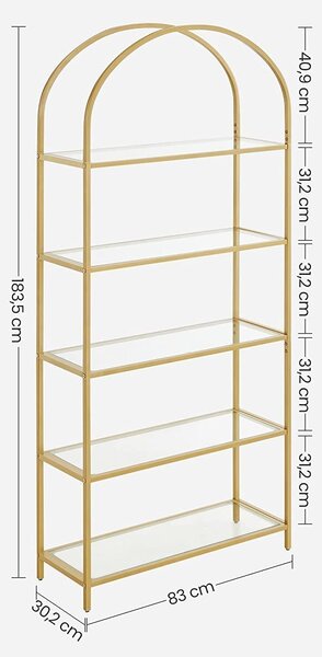 Steklena knjižna omara, 5-nivojska odlagalna polica v ukrivljenem dizajnu, z zlatim okvirjem | VASAGLE