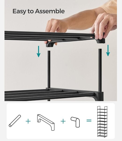 Stojalo za čevlje, 10-nivojski kovinski sistem za shranjevanje čevljev 45 x 174 x 30 cm, črn | SONGMICS
