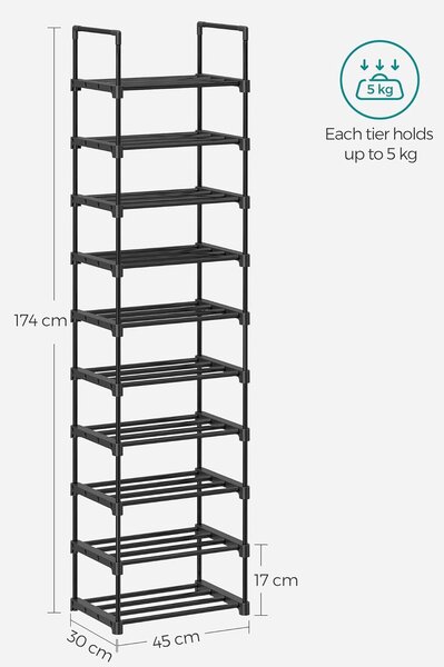Stojalo za čevlje, 10-nivojski kovinski sistem za shranjevanje čevljev 45 x 174 x 30 cm, črn | SONGMICS