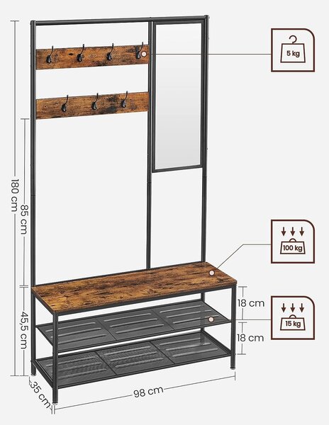 Stojalo za plašče s prostorom za shranjevanje čevljev, stojalo za oblačila z ogledalom, rustikalno rjava | VASAGLE