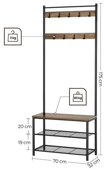 Stojalo za plašč, stojalo za čevlje, višina 175 cm, rustikalni oreh in črna | VASAGLE