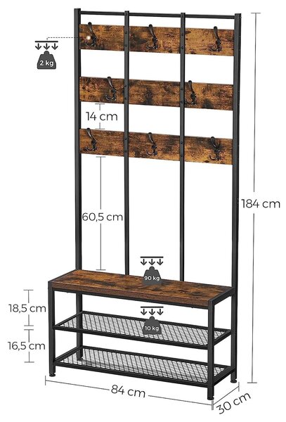 Stojalo za plašč z 8 kavlji, rustikalno rjava, črna | VASAGLE