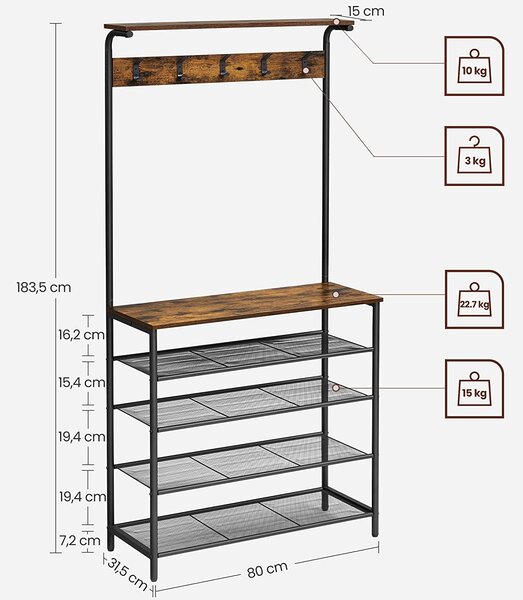 Stojalo za plašč s shrambo za čevlje, rustikalno rjavo in črno | VASAGLE
