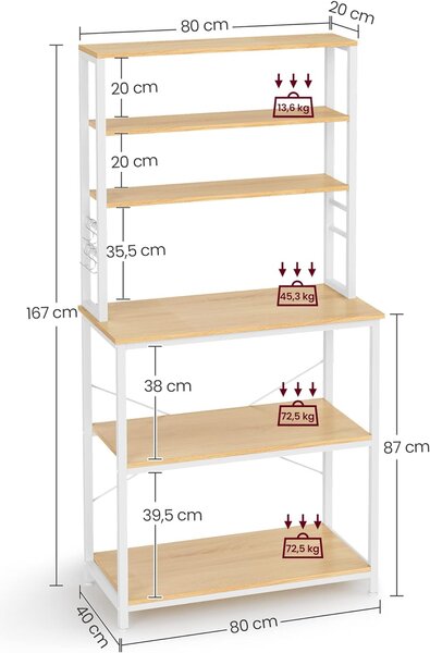 Stojalo, Kuhinjsko stojalo, 6 polic in 6 kavljev, barva hrasta in bela| VASAGLE
