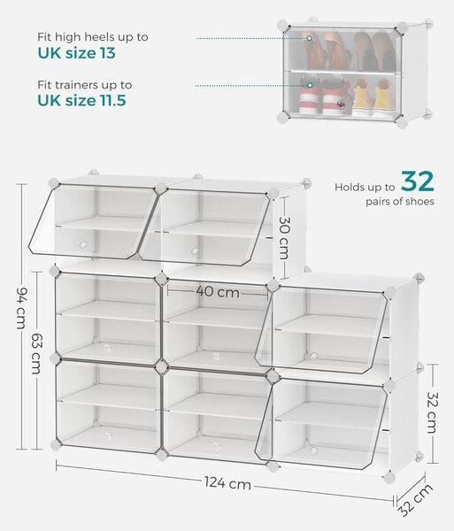 Modularna polica za čevlje z 8 predelki, plastična omara, bela | SONGMICS