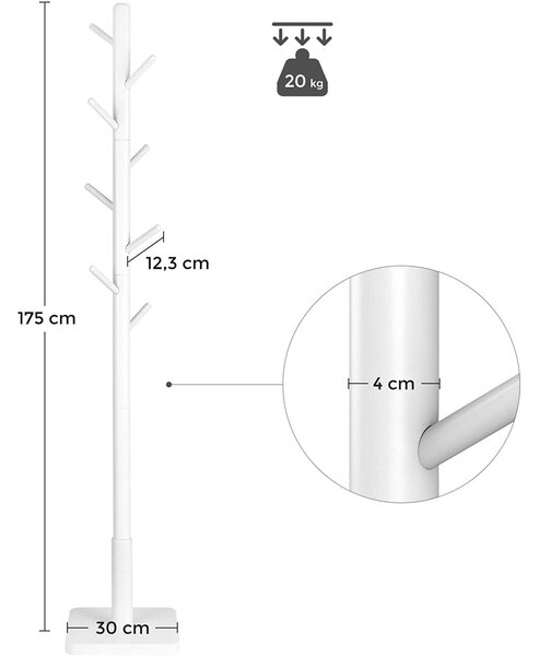Stoječi obešalnik, obešalo za plašče iz masivnega lesa, bela | VASAGLE