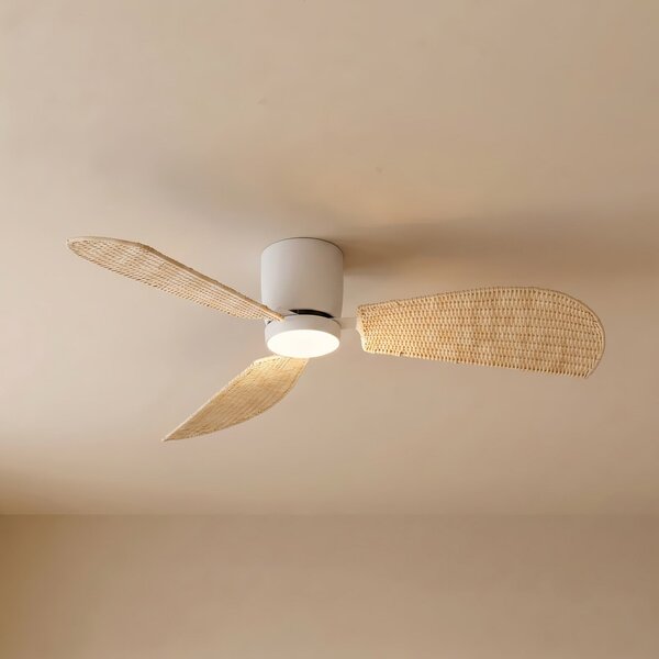 Lucande LED stropni ventilator Faipari, bel/ratan, DC, 132 cm, Les, Dnevna soba / jedilnica, Les, Sodobni