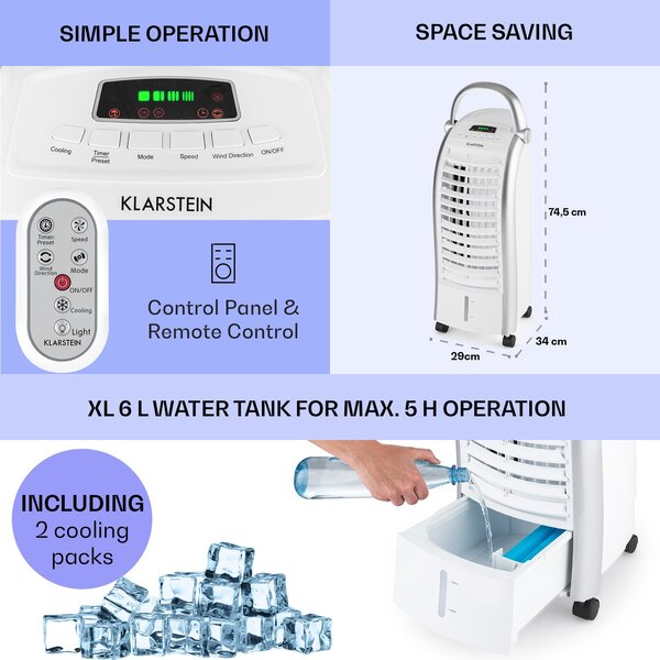 Klarstein Maxfresh, Hladilec zraka, ventilator, 4 v 1, 6 l, 65 W, daljinski upravljalnik, 2 x hladilni komplet