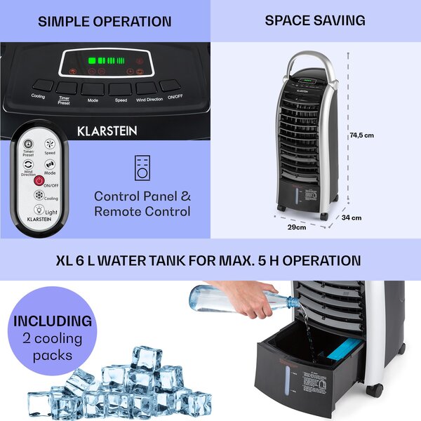 Klarstein Maxfresh, Hladilec zraka, ventilator, 4 v 1, 6 l, 65 W, daljinski upravljalnik, 2 x hladilni komplet