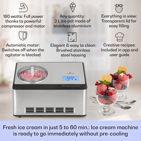 Klarstein Dolce Bacio Smart, aparat za sladoled, aparat za jogurt, kompresor, 2 litra, WiFi, zaslon na dotik, nerjaveče jeklo