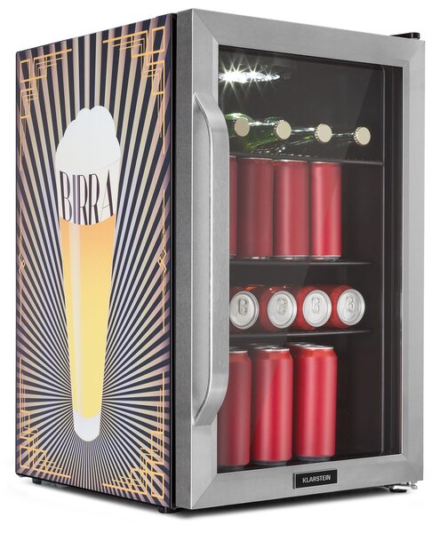 Klarstein Beersafe 70, Bier-Print Edition, hladilnik, 70 litrov, 3 police, panoramska steklena vrata, nerjaveče jeklo
