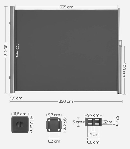 Stranska markiza za balkon in teraso 180 x 350 cm, dimno siva | SONGMICS