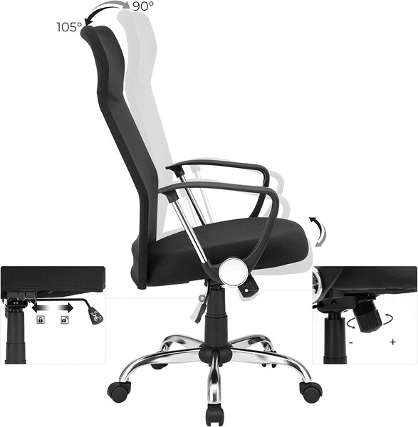 Pisarniški stol, Ergonomski vrtljivi stol, 63 x (110-120) x 63 cm, črn | SONGMICS