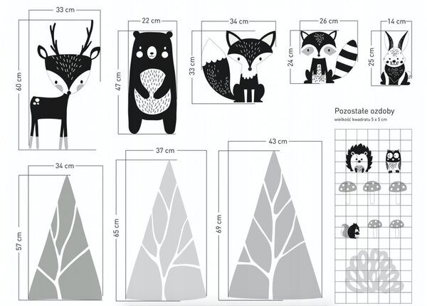 Čudovita črno-bela stenska nalepka Živali v gozdu