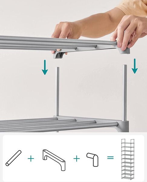 Stojalo za čevlje z 10 policami, 45 x 30 x 174 cm, sivo | SONGMICS