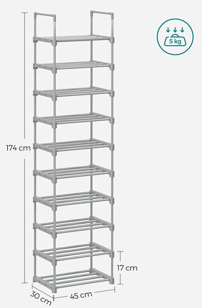 Stojalo za čevlje z 10 policami, 45 x 30 x 174 cm, sivo | SONGMICS