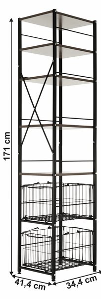 KONDELA Regal s 7 policami in košarami, črn, naravna, RATTO