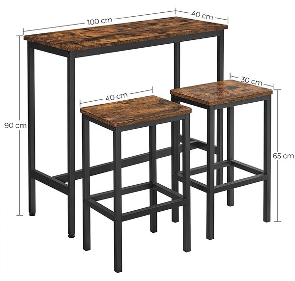 Barska miza z 2 barskima stoloma, 100 x 90 x 40 cm, rustikalno rjava | VASAGLE