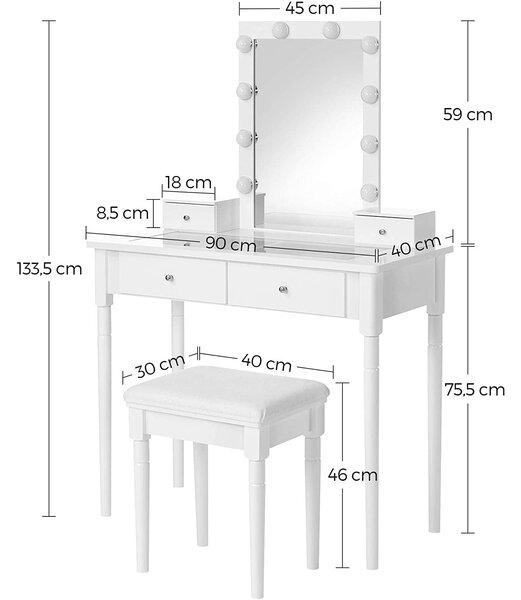 Toaletna mizica, 90 x 133,5 x 40 cm, bela | VASAGLE