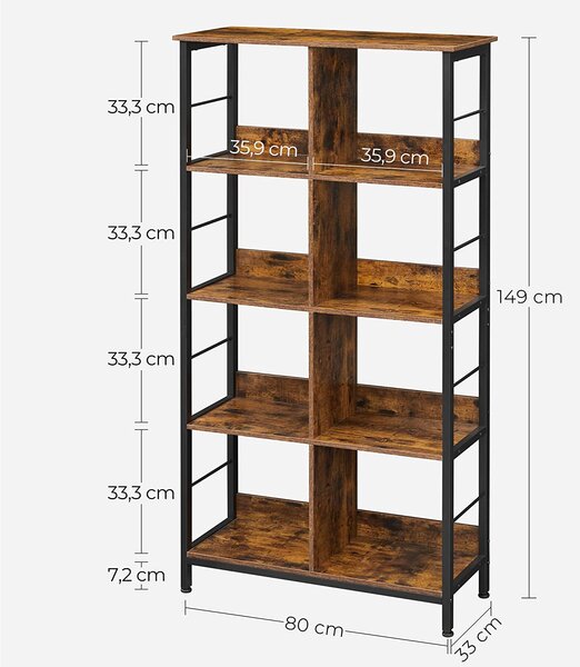 4-nivojska knjižna omara 80 x 149 x 33 cm, rustikalna rjavo-črna | VASAGLE