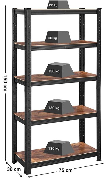 SONGMICS Industrijsko skladiščno stojalo, Kovinska skladiščna polica 75 x 150 x 30 cm, črna in rustikalno rjava | VASAGLE