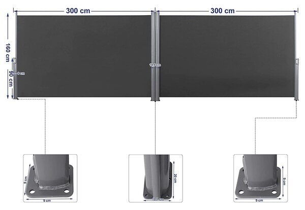 Dvostranski, raztegljiv senčnik 160 x 600 cm, siv | SONGMICS
