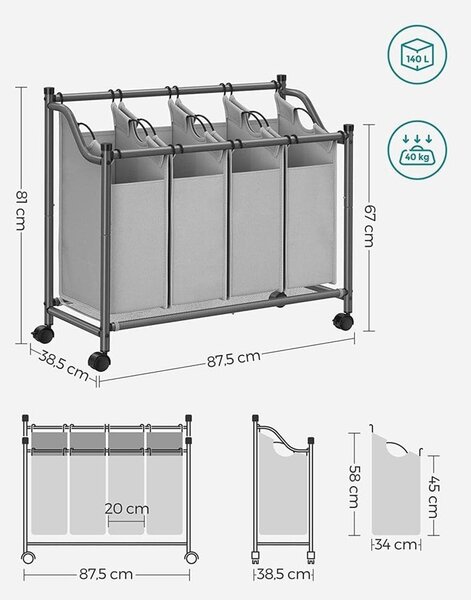 Koš za perilo s kolesi, 4 odstranljive vrečke, voziček za perilo 4 x 35L, siv | SONGMICS