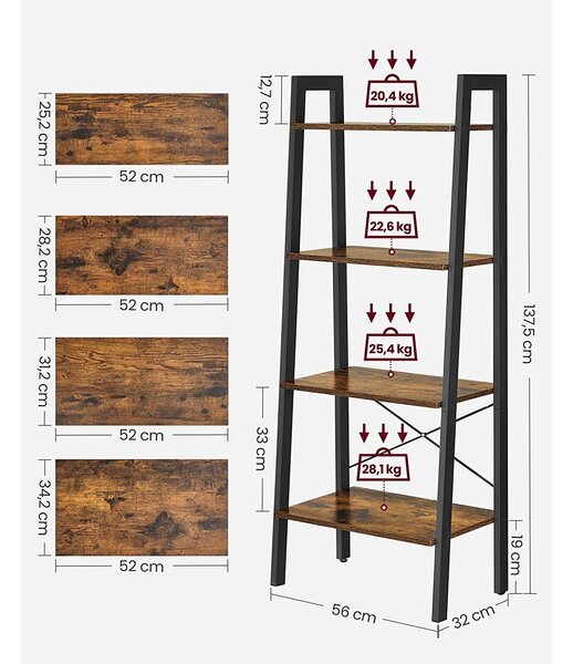 Rustikalna odlagalna polica s 4 nivoji, lestvena polica 56 x 34 x 136 cm | VASAGLE