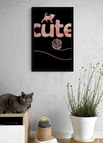 Plakat mačka s klobčičem in napisom Cute