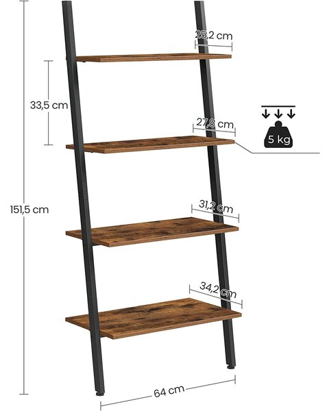 Knjižna polica, 4-nivojska lestvena polica 64 x 35 x 150 cm | VASAGLE