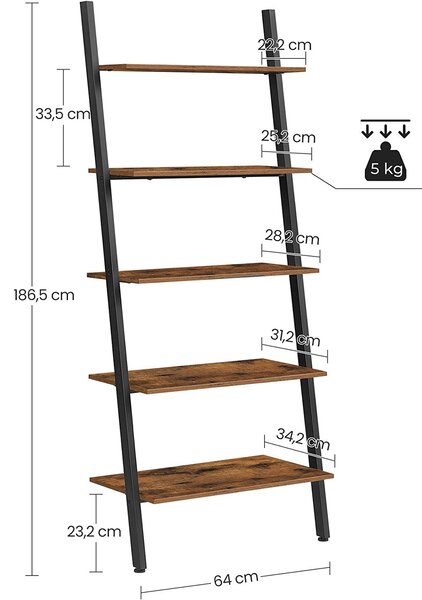 Polica z lestvijo, 5-nivojska knjižna omara 64 x 34 x 186 cm rjava | VASAGLE