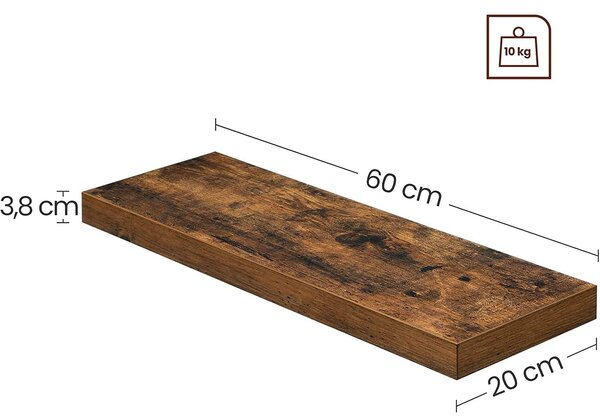 Stenska polica, lebdeča polica rustikalno rjava 60 x 3,8 x 20 cm | VASAGLE