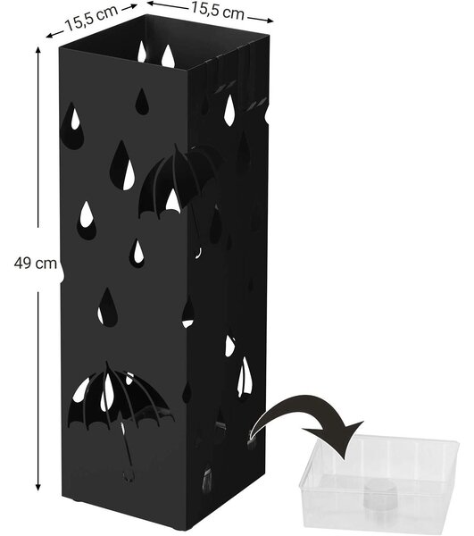 Kovinsko stojalo za dežnike, kvadratno stojalo za dežnike z odcejalnikom, 15,5 x 15,5 x 49 cm | SONGMICS