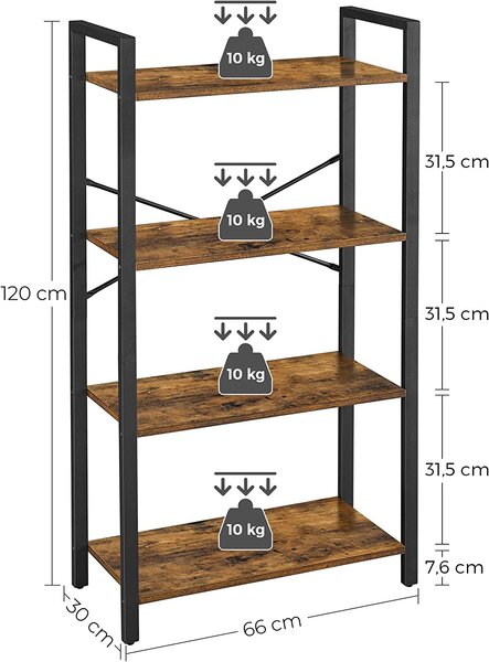 Rustikalna knjižna omara, polica za shranjevanje 66 x 30 x 120 cm temno rjava | VASAGLE