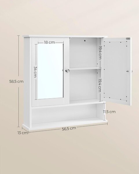 Kopalniška omarica, omarica za umivalnik z vrati z dvojnim ogledalom 56 x 13 x 58 cm | VASAGLE