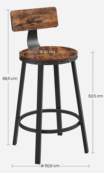 2 barska stola, s kovinskim okvirjem, višina sedišča 62,5 cm | VASAGLE