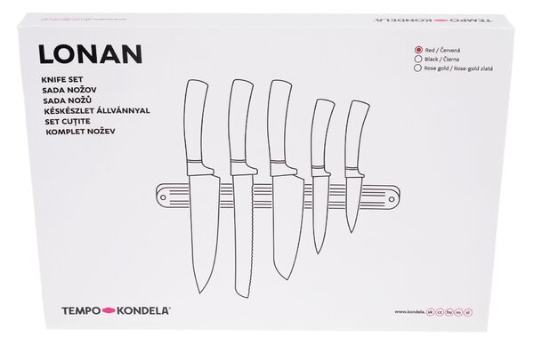 TEMPO-KONDELA LONAN, komplet nožev z magnetnim držalom, 6 kosov, rdeča