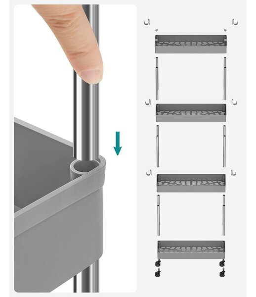 Shranjevalni voziček na kolesih, 4-nivojski ozek plastični prostor za shranjevanje, siv | SONGMICS