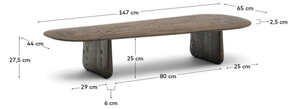 Temno rjava klubska mizica iz masivnega hrasta 64x146 cm Pirita – Kave Home