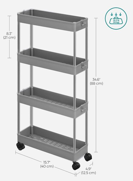 Shranjevalni voziček na kolesih, 4-nivojski ozek plastični prostor za shranjevanje, siv | SONGMICS