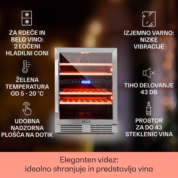 Klarstein Vinovilla Duo43 2-conski hladilnik za vino, 129 l, 43 steklenic, 3 barve, steklena vrata