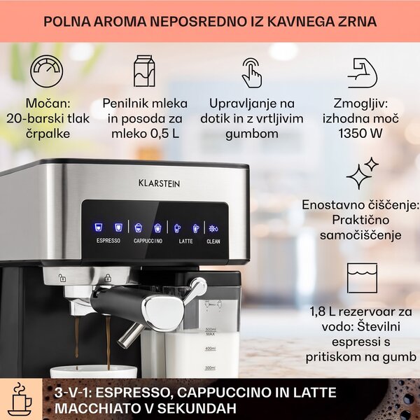 Klarstein Arabica Comfort kavni aparat s porta filtrom, 1350W, 20 barov, 1,8l, nadzorna plošča na dotik