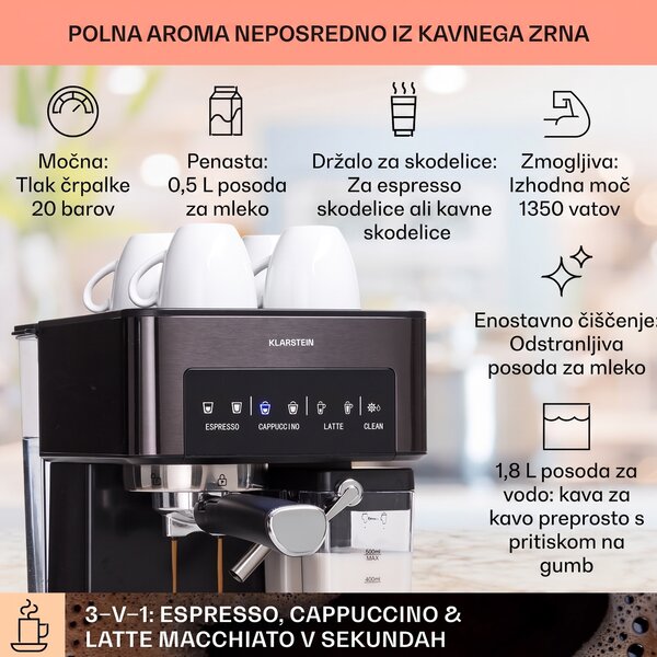 Klarstein Arabica Comfort kavni aparat s porta filtrom, 1350W, 20 barov, 1,8l, nadzorna plošča na dotik